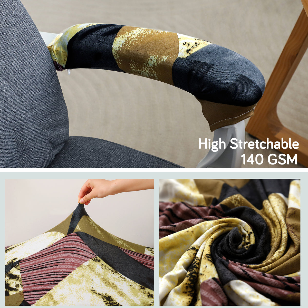 140gsm Printed Armrest Covers for Office Chair (Zipper Style), 1 Pair, Wine Abstract Geometry