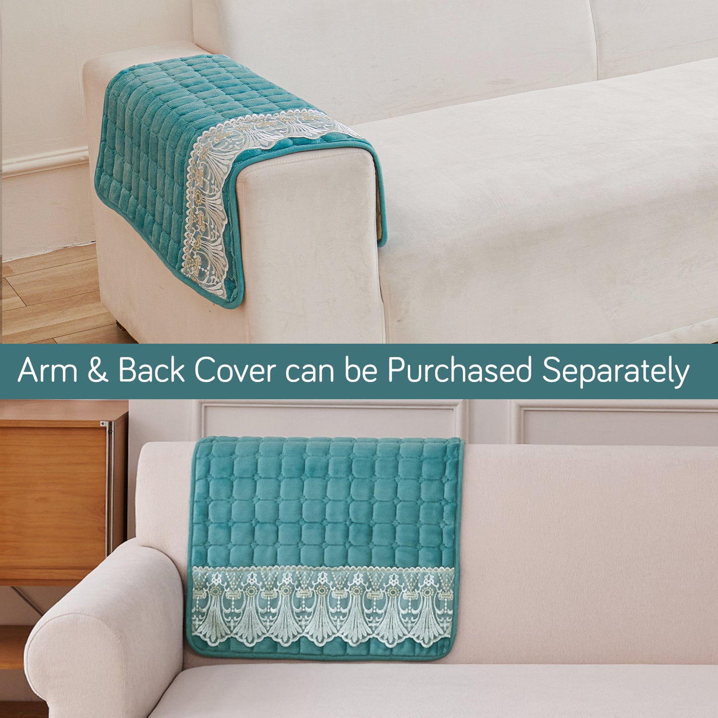 BelleLace Series Imperial Milk Velvet Sofa Cover Mat with Lace Design - Teal