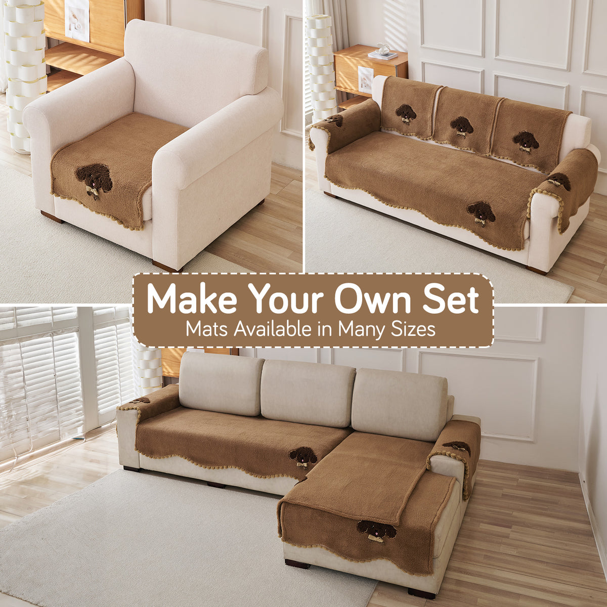 CloudHug Plush Sofa Cover Mat with PomPom and Wavy Edges, Mocha Cocoa