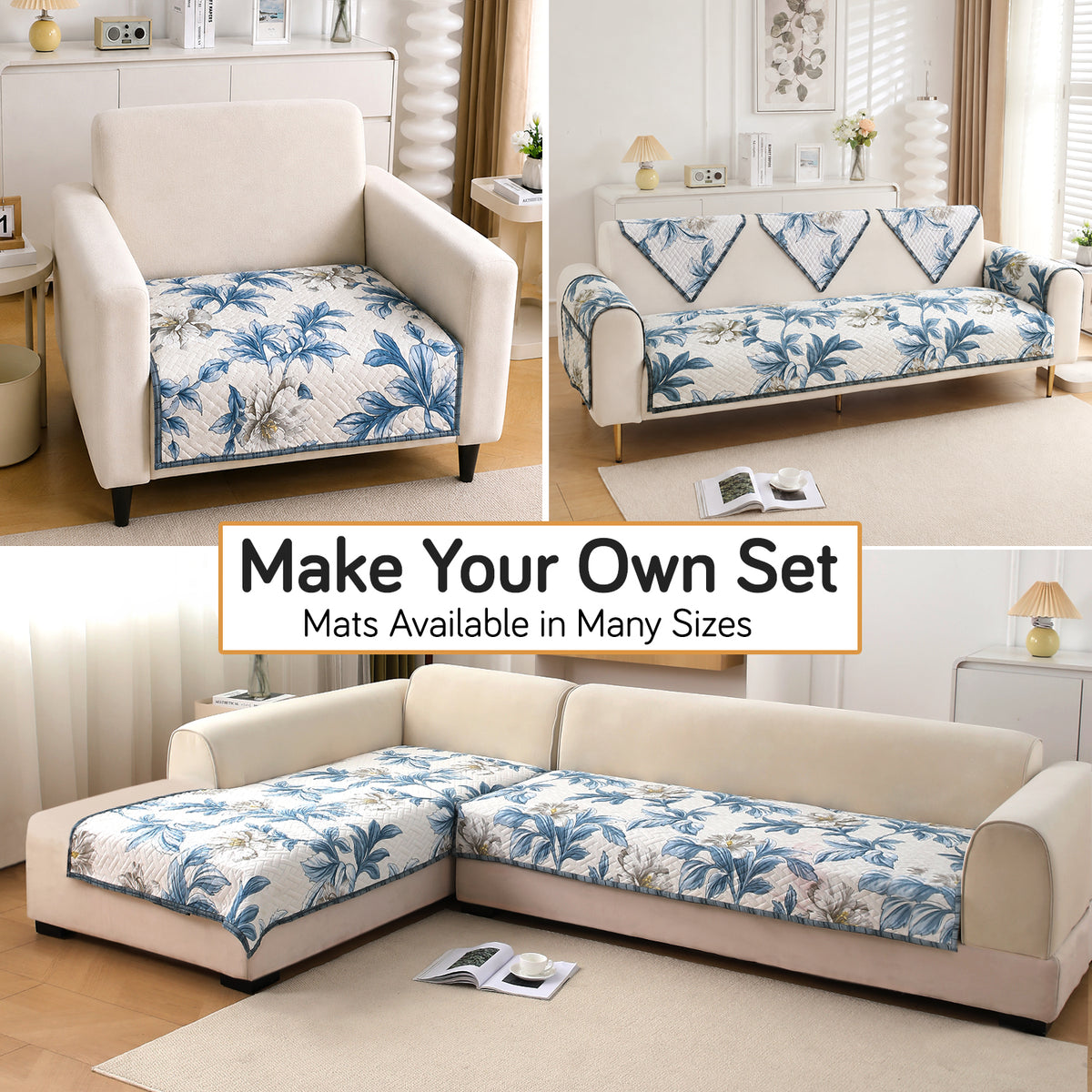 'Homehues' Printed Quilted Sofa Cover Mats, Celadon Blue Camellia