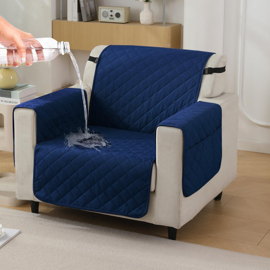 Quilted Waterproof Sofa Cover Mat with Pockets on Armrest Cover - Navy Blue