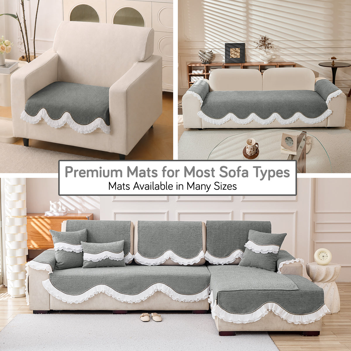 French Classic Frill Wavy Sofa Cover Mat, Moonstone Grey