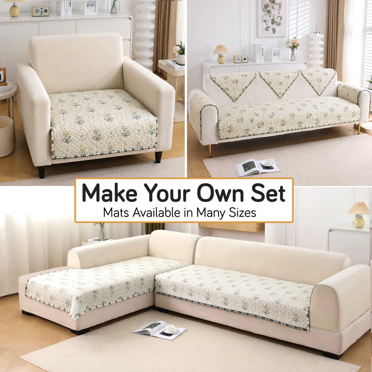 'Homehues' Printed Quilted Sofa Cover Mats, Light Green Ash Gypsy Flower