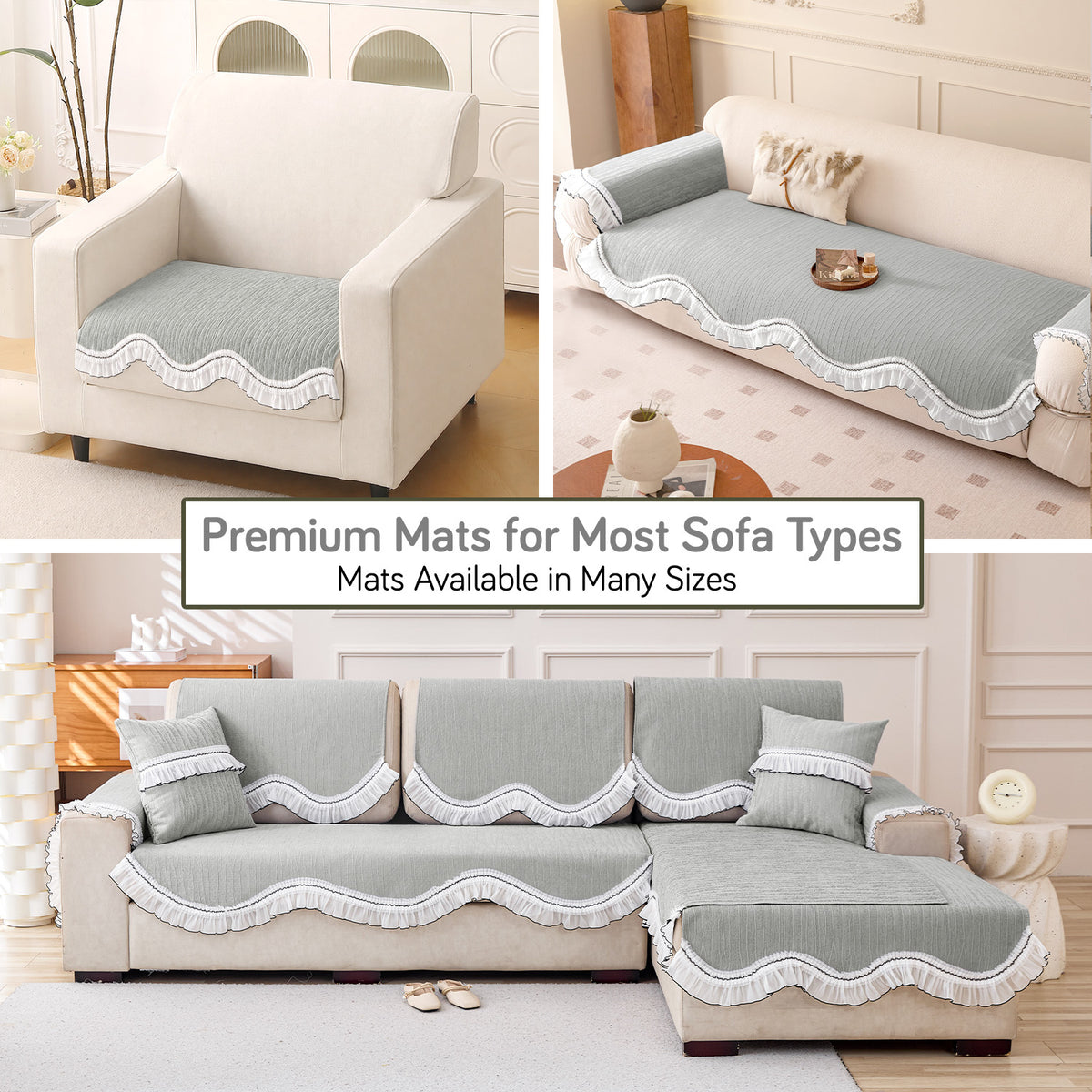 French Lace & Luxe with White Ruffle Edge Sofa Cover Mat, Featherlight Grey - view 13