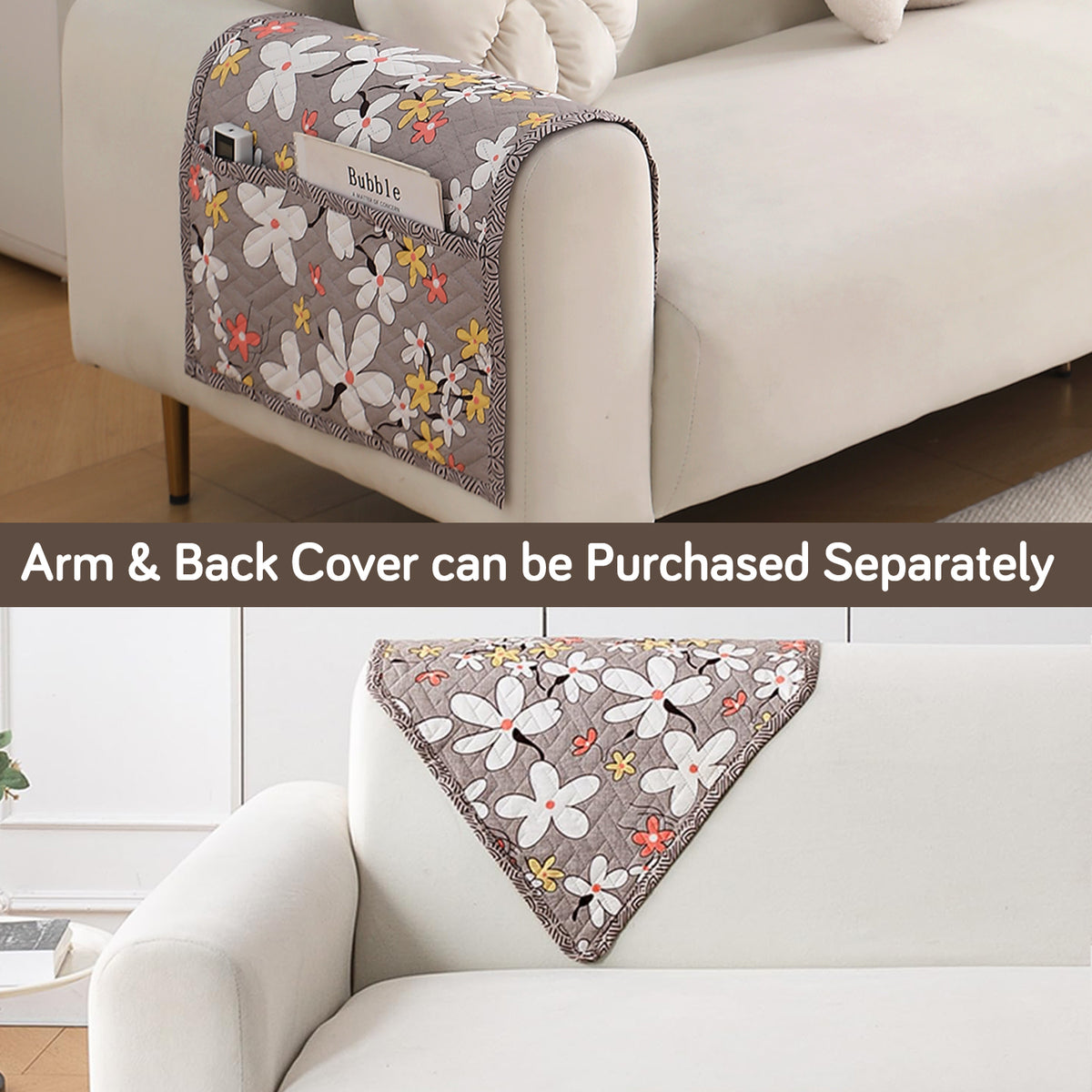 'Homehues' Printed Quilted Sofa Cover Mats, Pastel Brown Sandwort Flower
