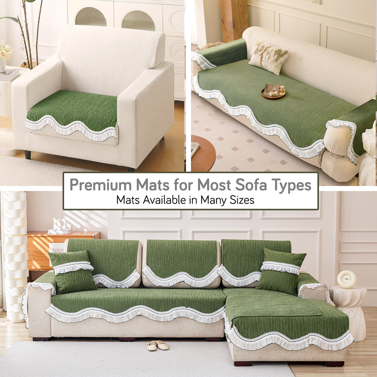 French Lace & Luxe with White Ruffle Edge Sofa Cover Mat, Willow Ash Green