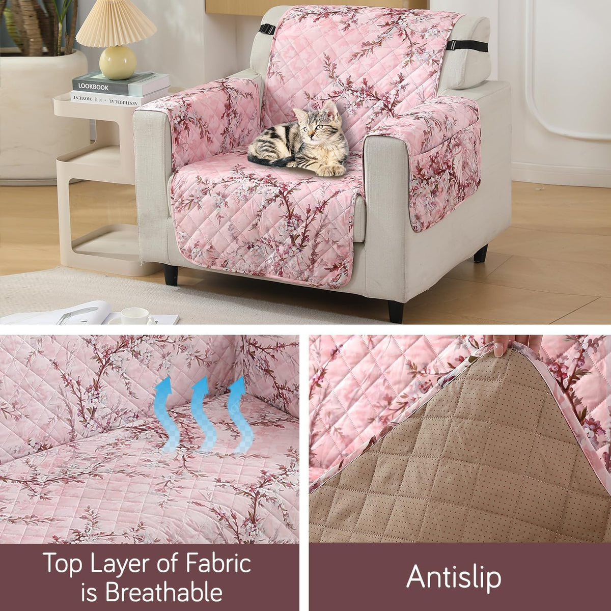 Blossom Flower Pink print single seater quilted waterproof sofa mat | Hokipo