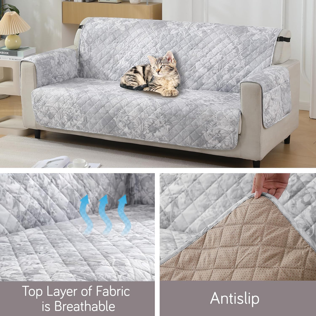 Motifs Cloud Grey print Fabric & Anti-slip 3 Seater quilted waterproof sofa cover | Hokipo