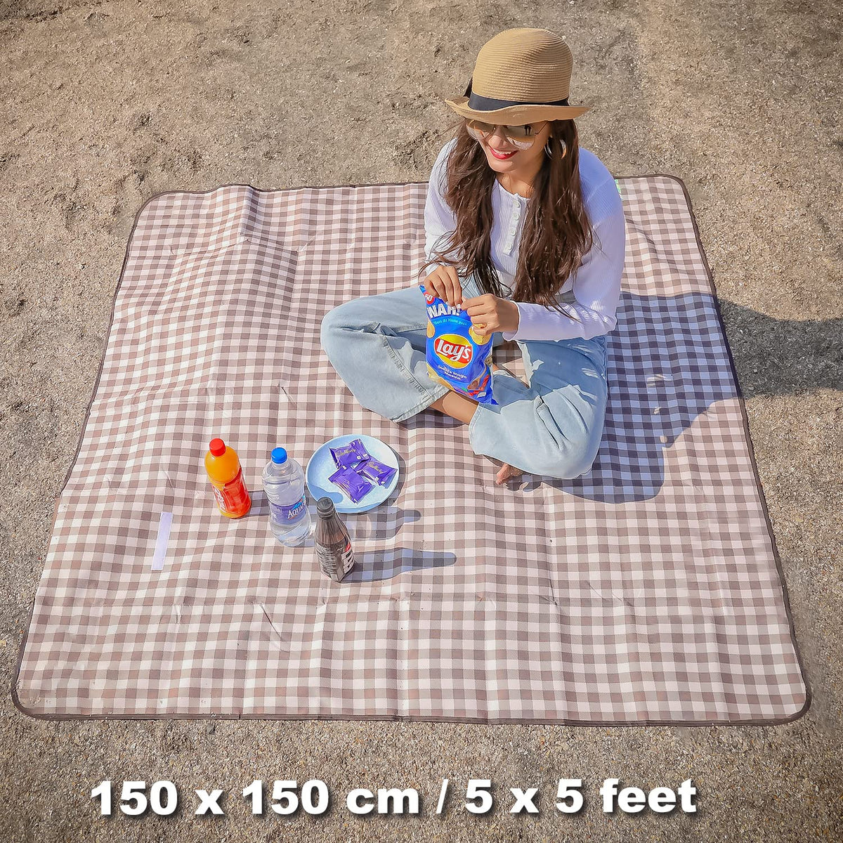 Foldable Waterproof and Sandproof Picnic Mat Blanket, Checks Brown