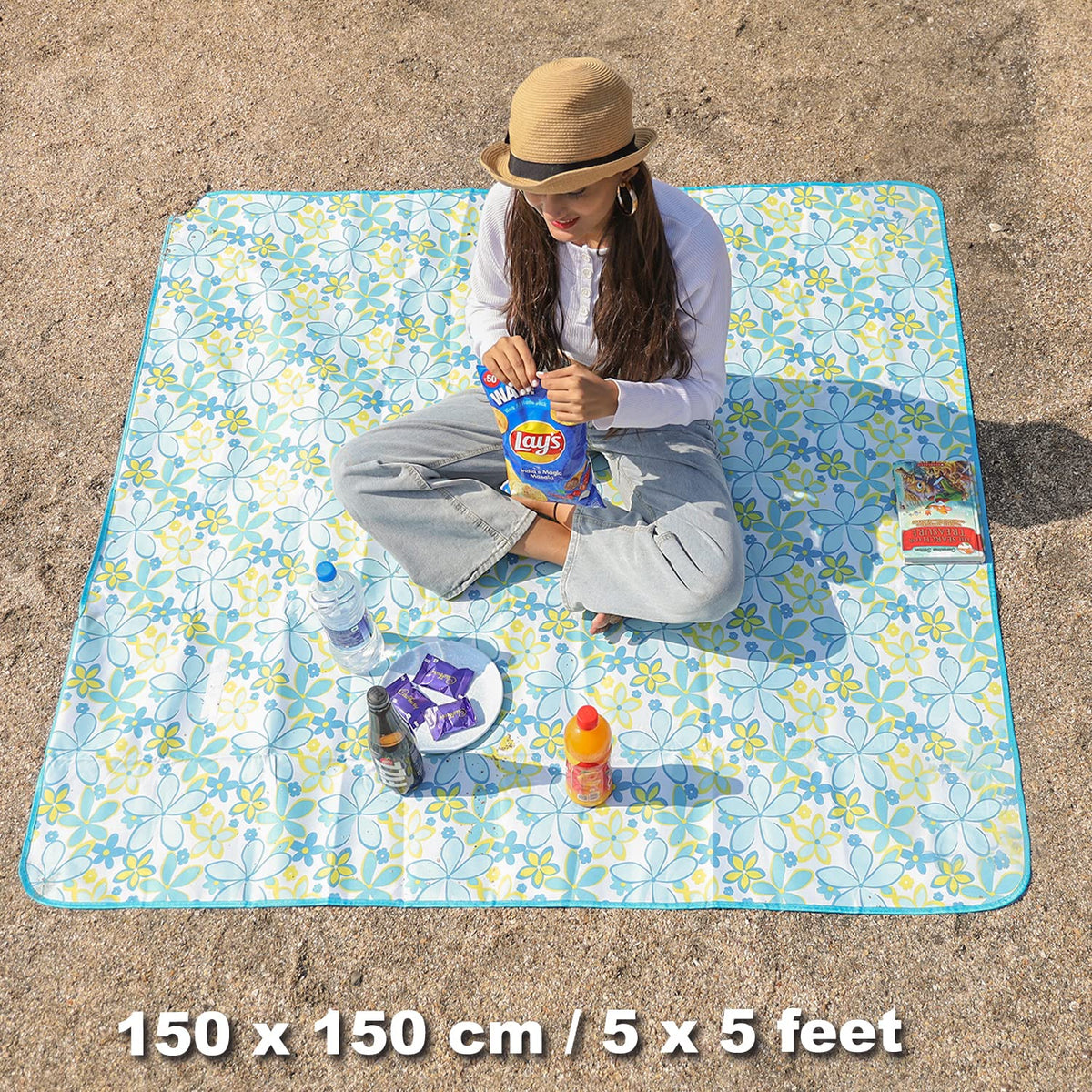 Foldable Waterproof and Sandproof Picnic Mat Blanket, Floral Blue