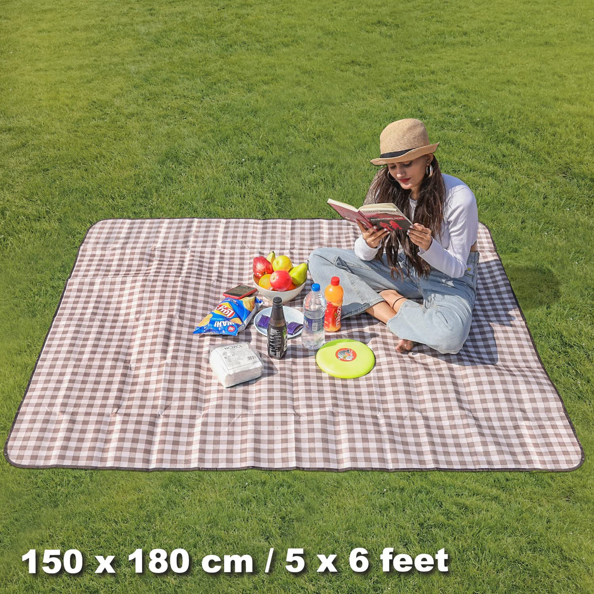 Foldable Waterproof and Sandproof Picnic Mat Blanket, Checks Brown