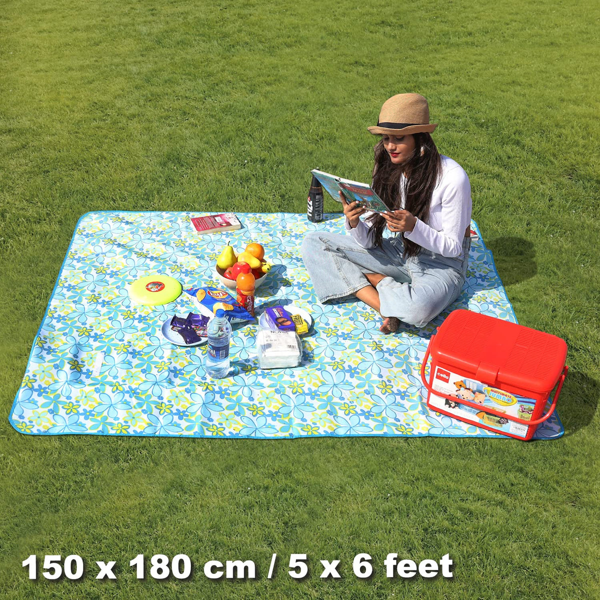 Foldable Waterproof and Sandproof Picnic Mat Blanket, Floral Blue