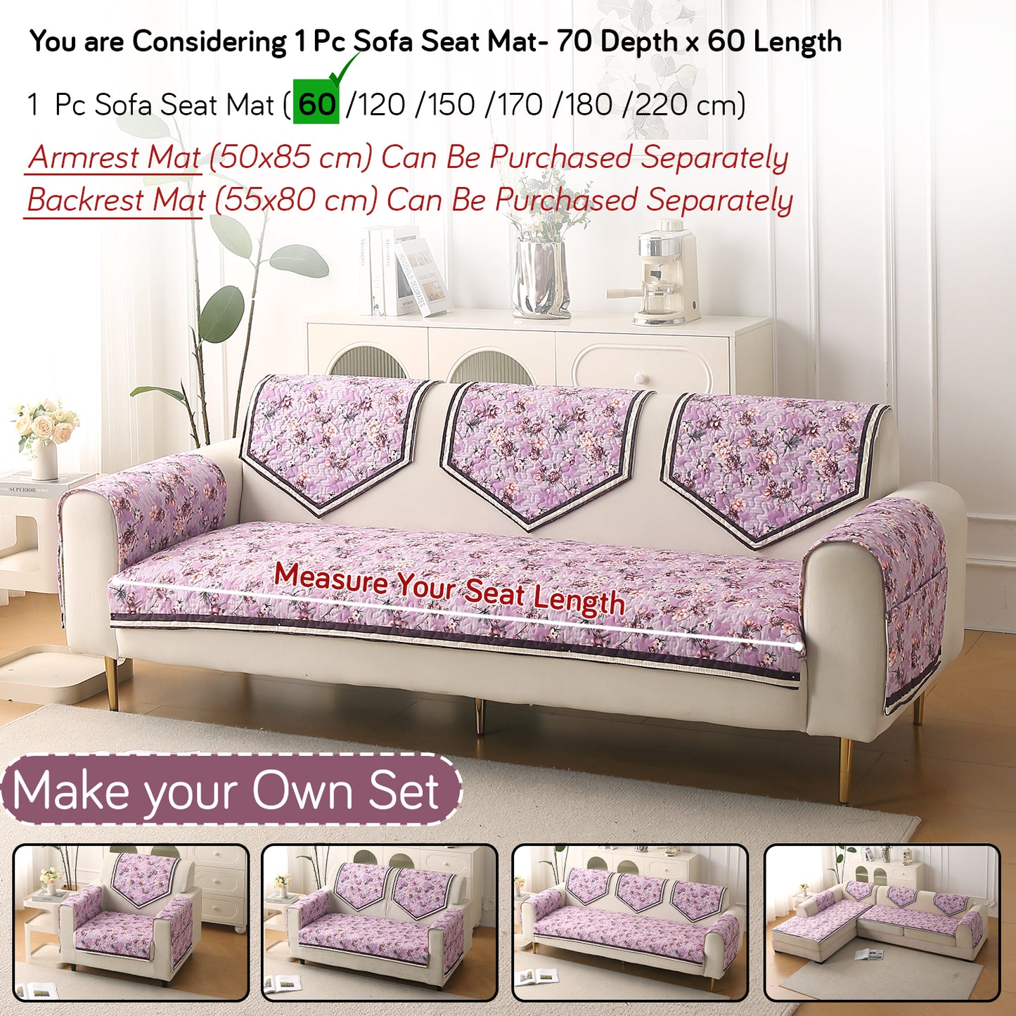 Florentina Series Premium Holland Velvet Sofa Cover Mat - Peony Lavender
