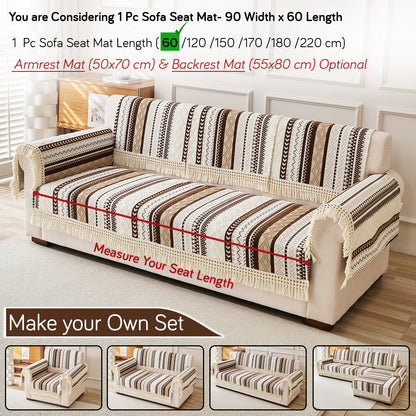 Nordic Boho Geometric Sofa Cover Mat with Tassel, 'Nordic Tassel Series'  Chocolate Brown