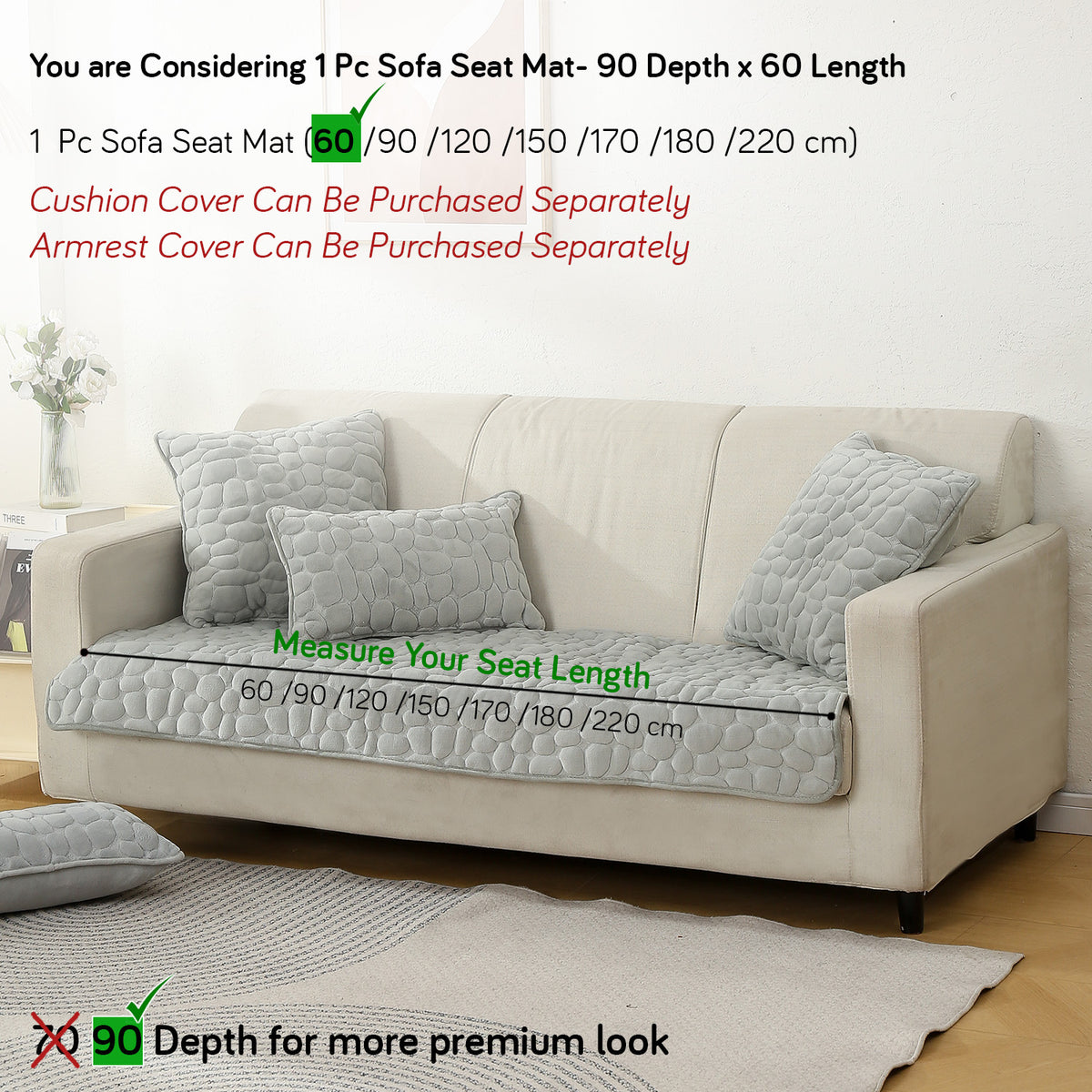 Premium Pebble Milk Velvet Anti Slip Sofa Mats, Moon Grey