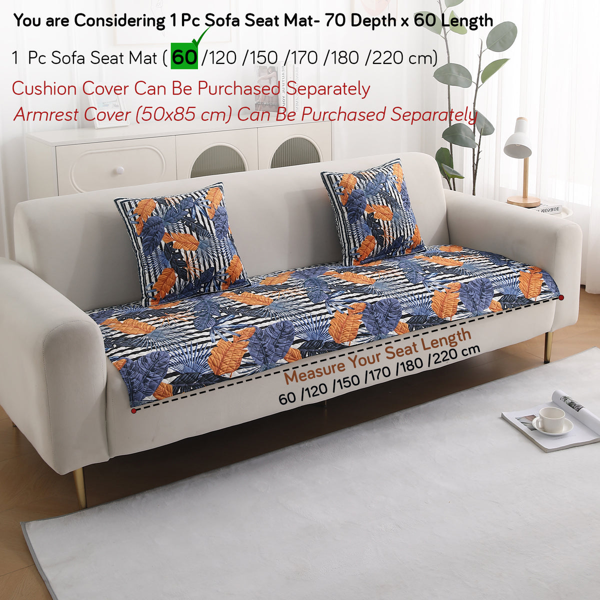 LiefNest Holland Velvet Sofa Cover Mat with Foam Filling - Tropical Leaves Dusk Blue