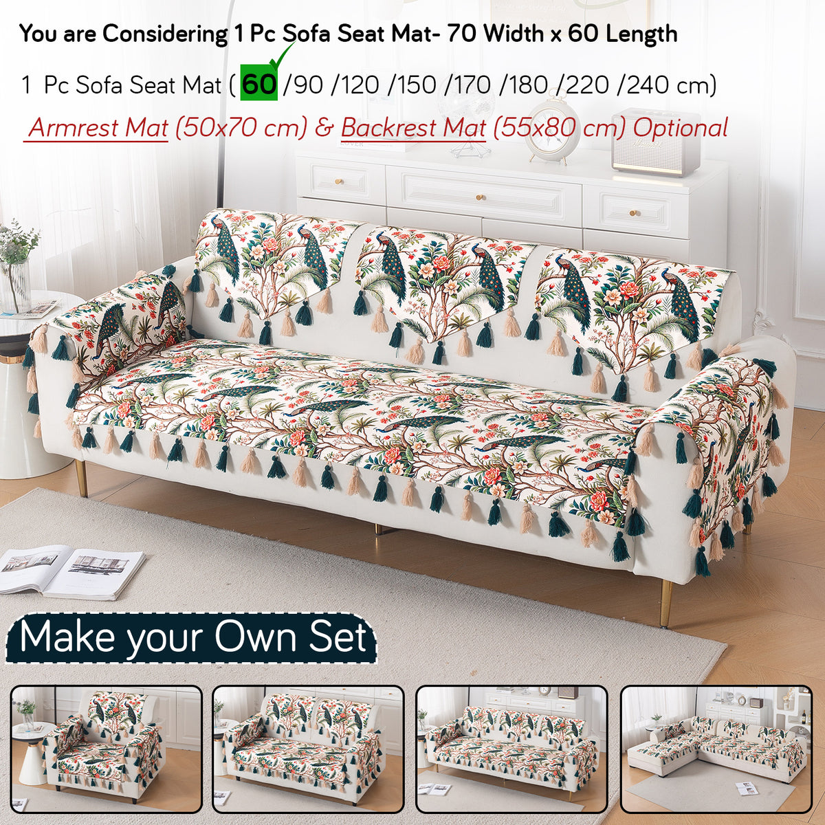 'Whispers of Nature' Series Holland Velvet Sofa Mat with Tassel, Multicolor Tropical Peacock