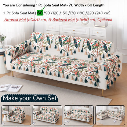 'Whispers of Nature' Series Holland Velvet Sofa Mat with Tassel, Multicolor Tropical Peacock