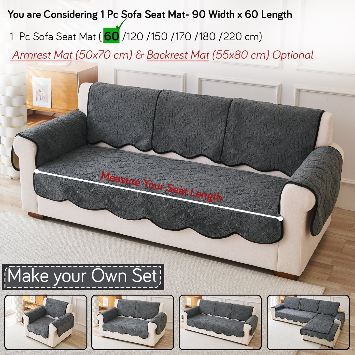 Embossed Floral Jacquard Anti-Slip Sofa Cover Mat, 'Wavy Petal Crest Series' Charcoal Grey