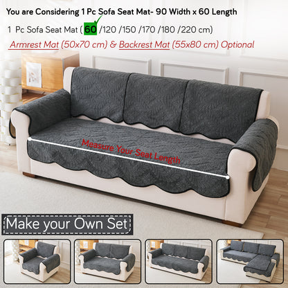 Embossed Floral Jacquard Anti-Slip Sofa Cover Mat, 'Wavy Petal Crest Series' Charcoal Grey