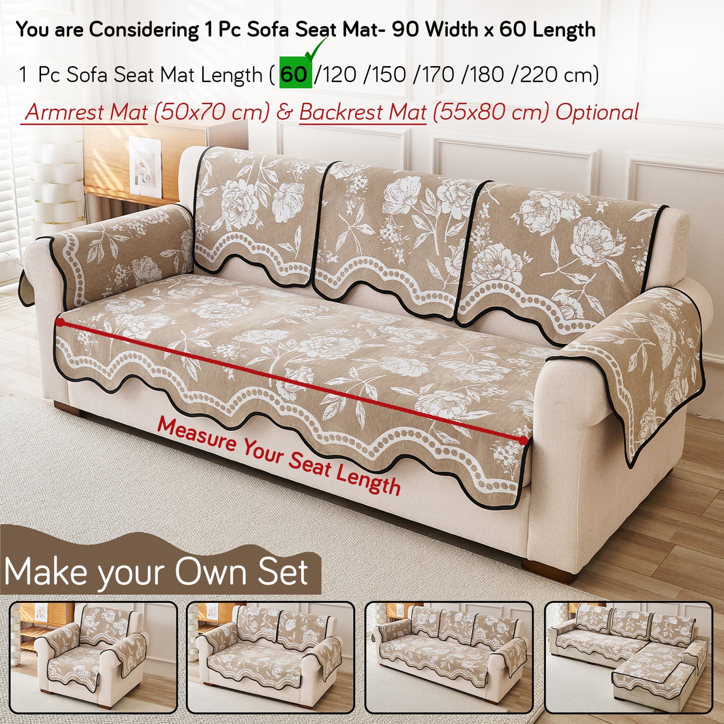 Chenille Sofa Cover Mat with Curvy Edges, 'Retro Curves Series' Sofa Mat, Sand Beige
