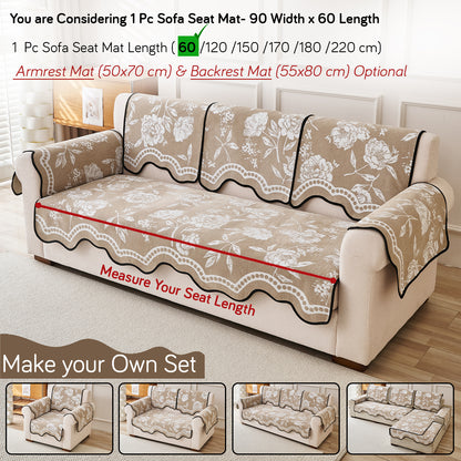 Chenille Sofa Cover Mat with Curvy Edges, 'Retro Curves Series' Sofa Mat, Sand Beige