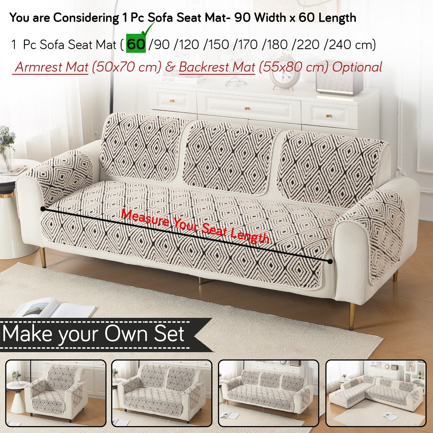 Luxury Plush Sherpa Anti-Slip Sofa Cover Mat, 'Noirea Series'| Geometric Diamond
