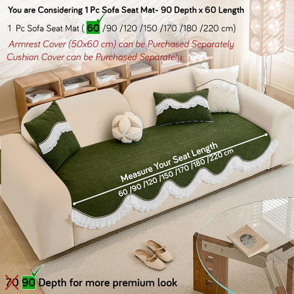 French Classic Frill Wavy Sofa Cover Mat, Dark Olive Green