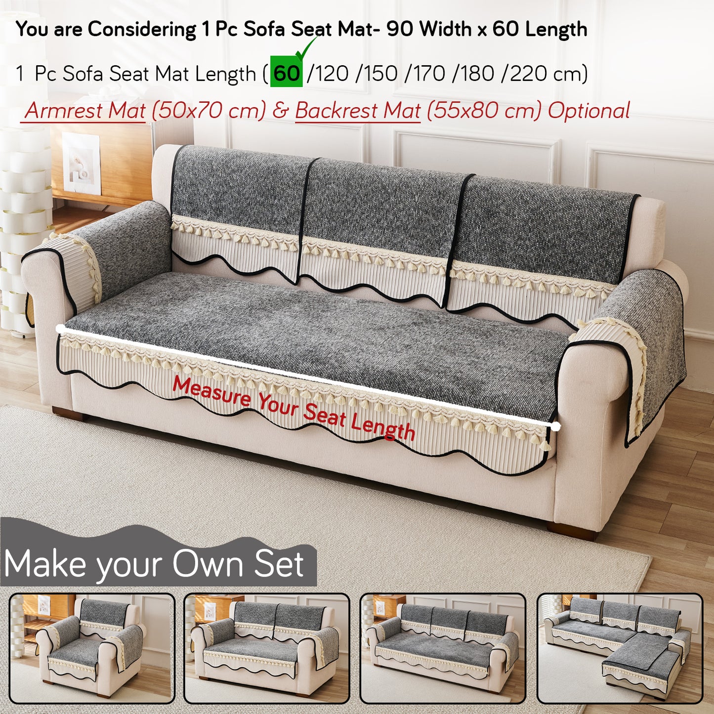 Thick Woven Weave Chenille Sofa Cover with Tassel|'Wavy Royale Series' Moon Grey