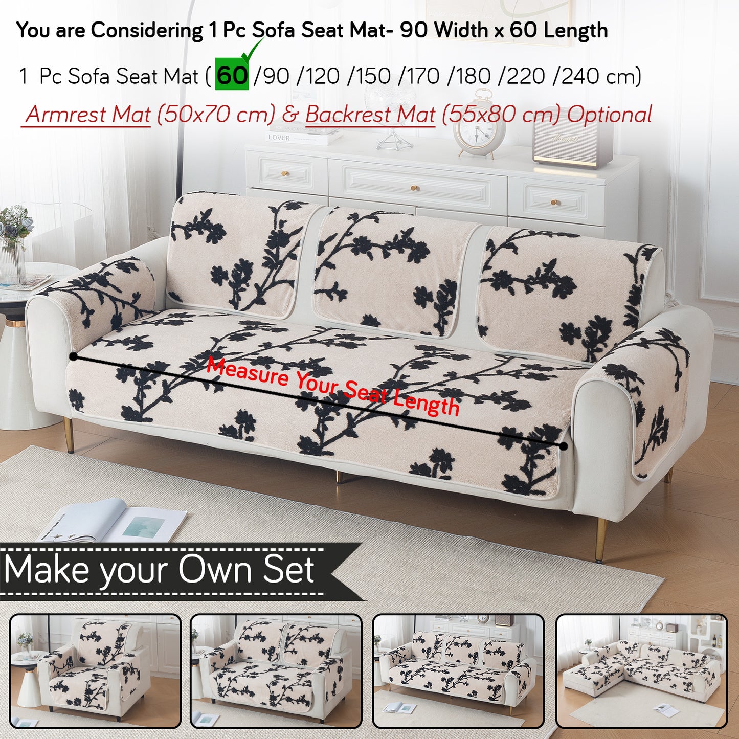 Luxury Plush Sherpa Anti-Slip Sofa Cover Mat, 'Noirea Series'| Botanical Vine