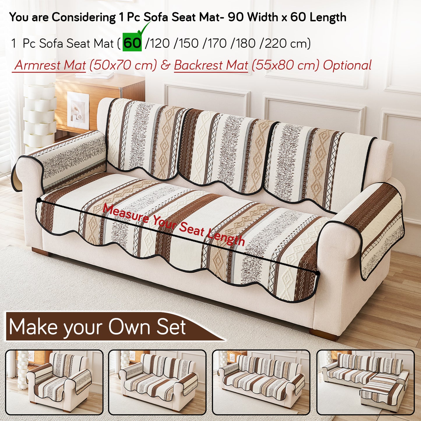 HOKIPO Boho Geometry Sofa Cover Mat|'Valenca Wavy Luxe Series' Earth Brown