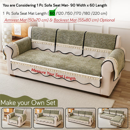 Thick Woven Weave Chenille Sofa Cover with Tassel|'Wavy Royale Series' Sage Green