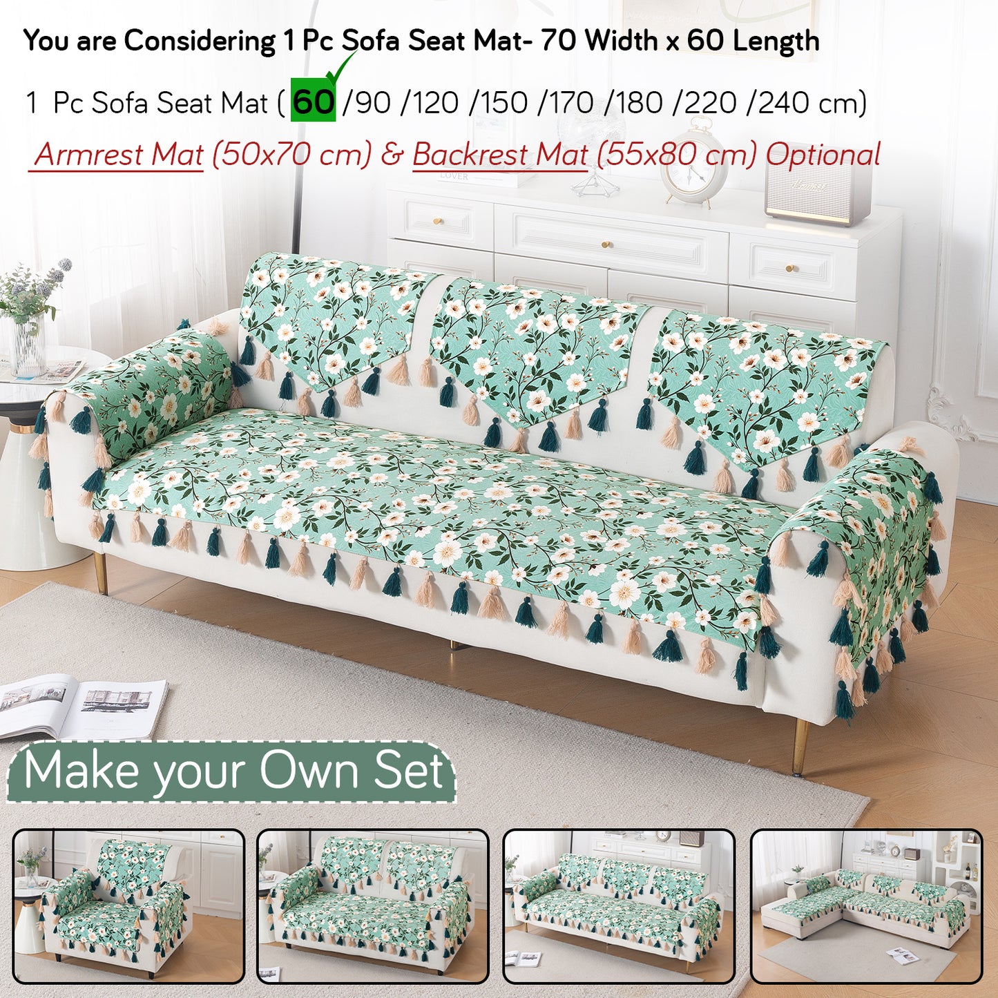 'Whispers of Nature' Series Holland Velvet Sofa Mat with Tassel, Sage Floral Vine