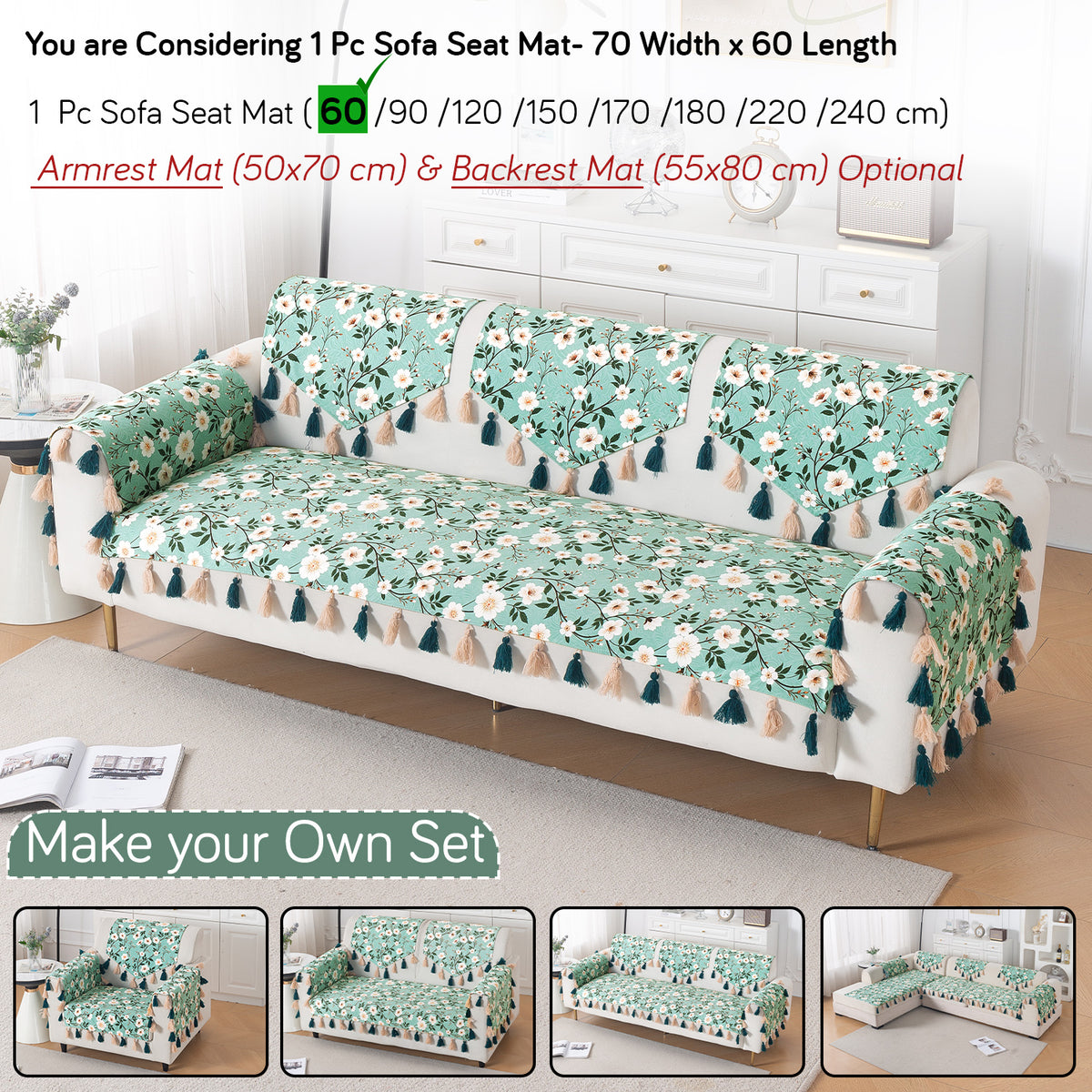 'Whispers of Nature' Series Holland Velvet Sofa Mat with Tassel, Sage Floral Vine