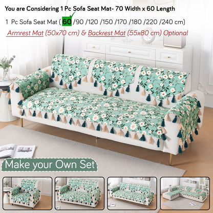 'Whispers of Nature' Series Holland Velvet Sofa Mat with Tassel, Sage Floral Vine