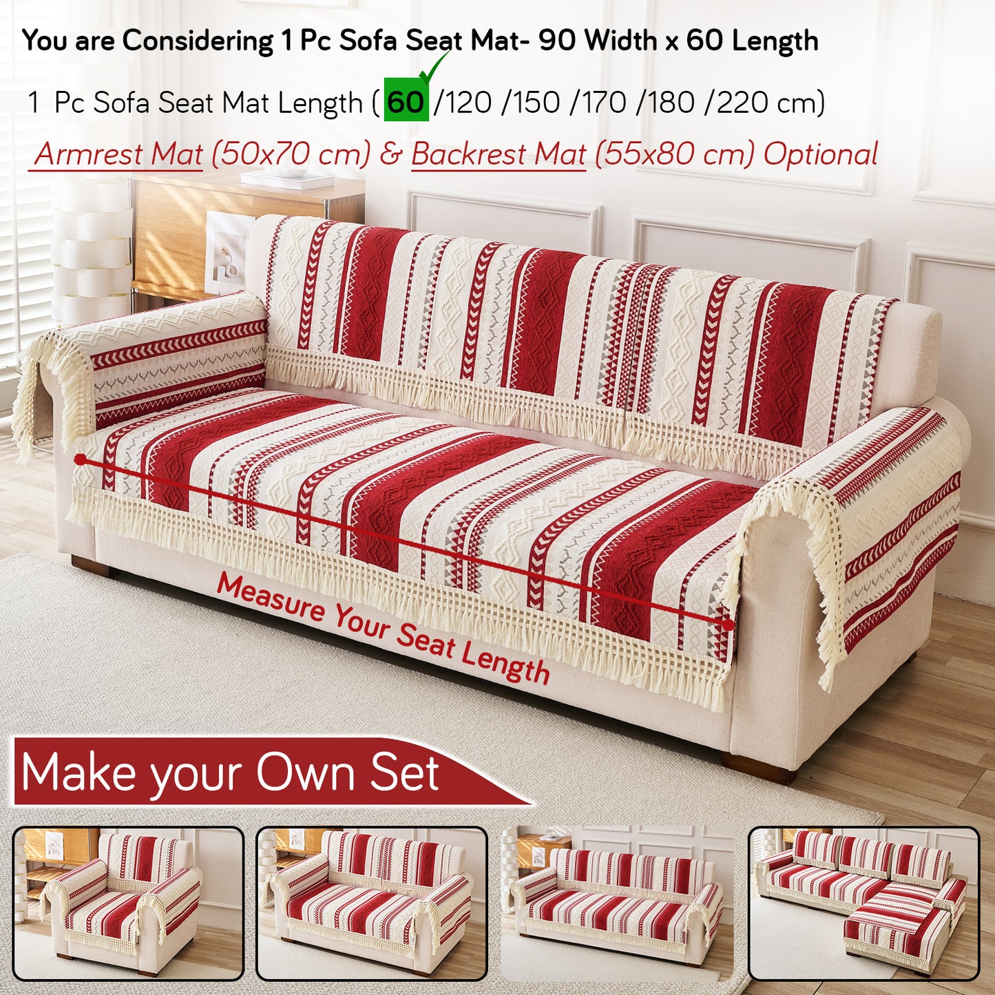 Nordic Boho Geometric Sofa Cover Mat with Tassel, 'Nordic Tassel Series'  Ruby Cream