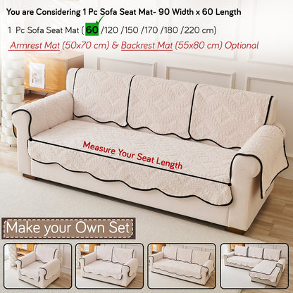 Embossed Floral Jacquard Anti-Slip Sofa Cover Mat, 'Wavy Petal Crest Series' Light Cream