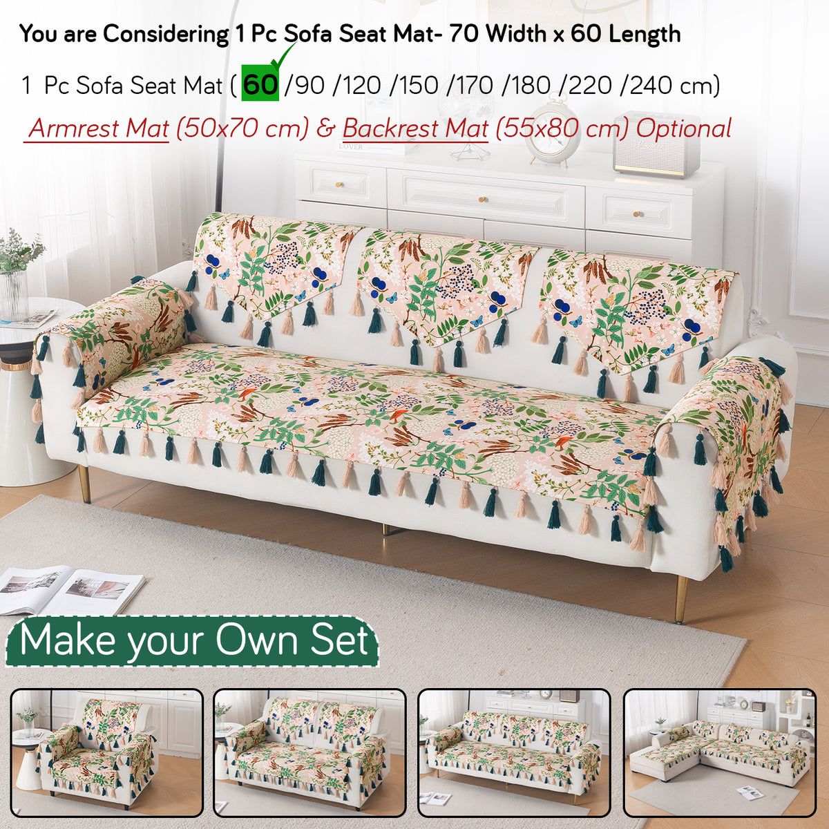 'Whispers of Nature' Series Holland Velvet Sofa Mat with Tassel, Beige Woodland Bloom