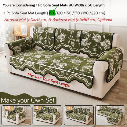 Chenille Sofa Cover Mat with Curvy Edges, 'Retro Curves Series' Sofa Mat, Olive Green