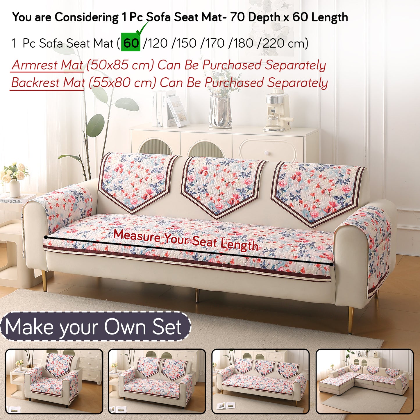 Florentina Series Premium Holland Velvet Sofa Cover Mat - Scarlet Rose Ivory
