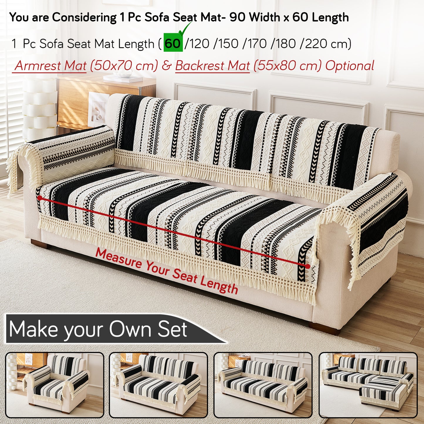 Nordic Boho Geometric Sofa Cover Mat with Tassel, 'Nordic Tassel Series'  Aurora Black