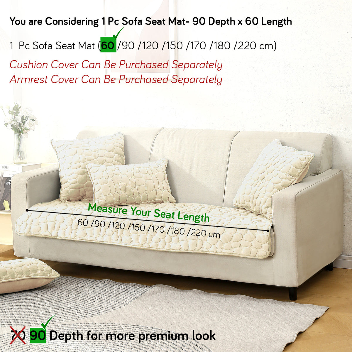 Premium Pebble Milk Velvet Anti Slip Sofa Mats, Bliss White