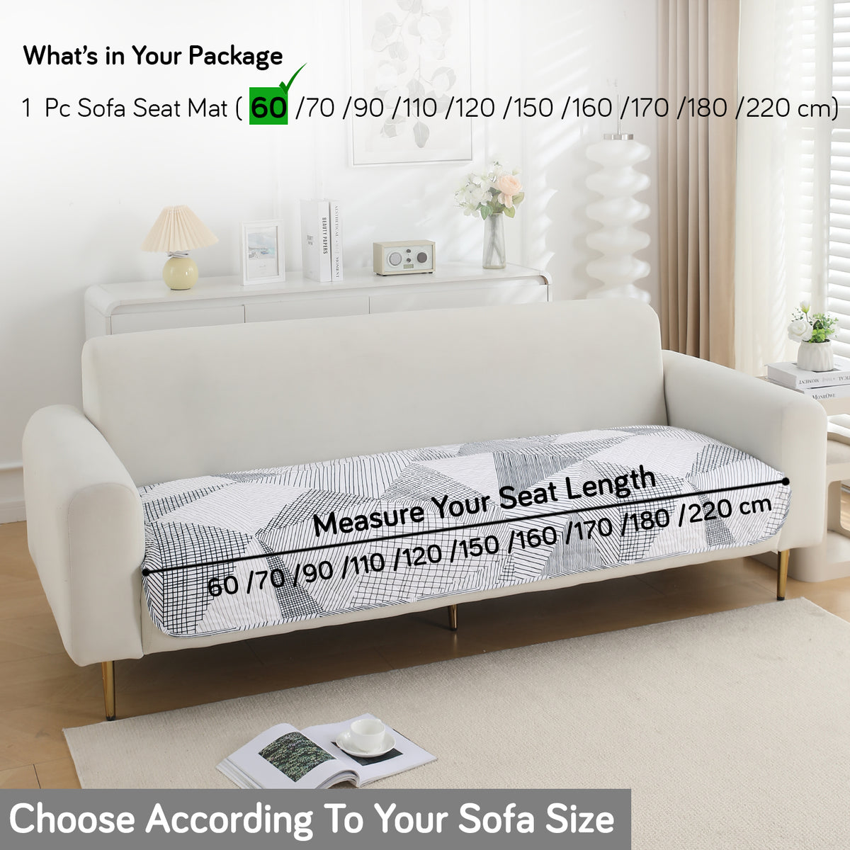 Water Repellent + Waterproof Quilted Sofa Mats, Snow White Black Geometry