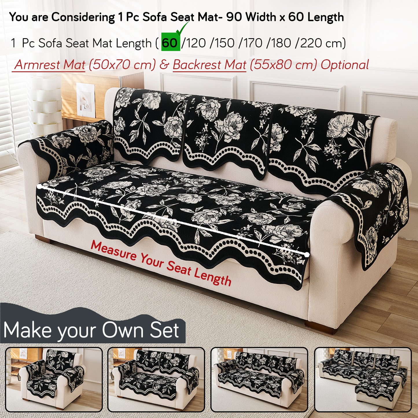 Chenille Sofa Cover Mat with Curvy Edges, 'Retro Curves Series' Sofa Mat, Classic Black
