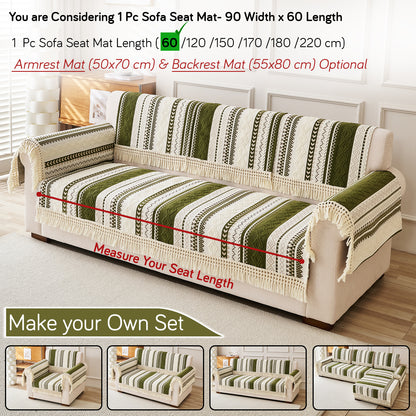 Nordic Boho Geometric Sofa Cover Mat with Tassel, 'Nordic Tassel Series'  Olive Meadow