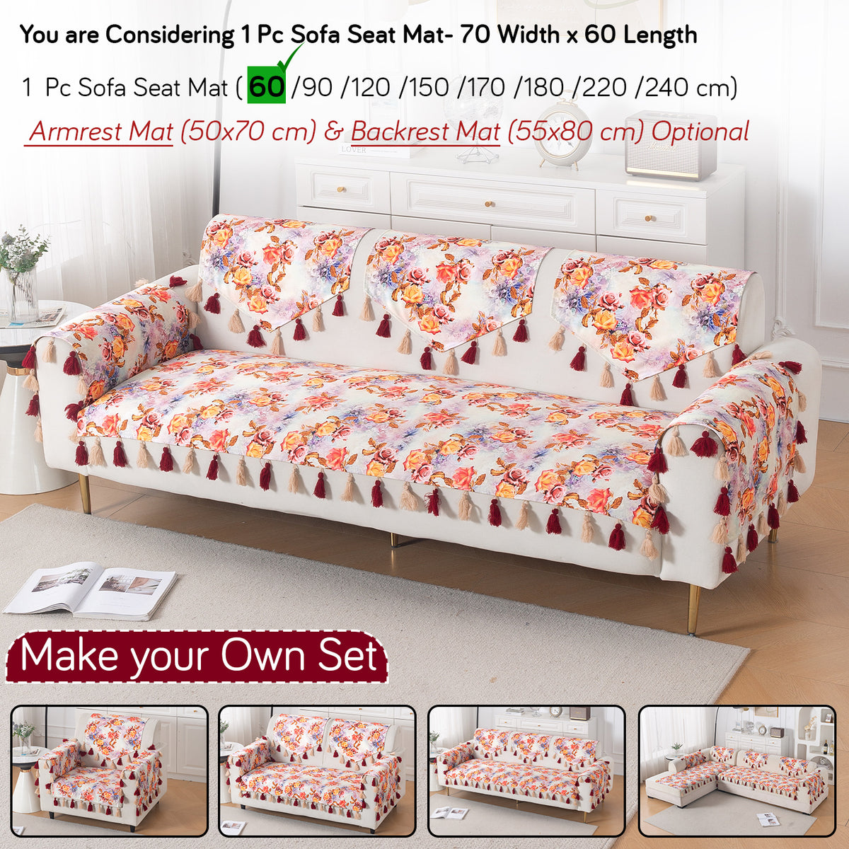 'Whispers of Nature' Series Holland Velvet Sofa Mat with Tassel, Vintage Rose Bloom