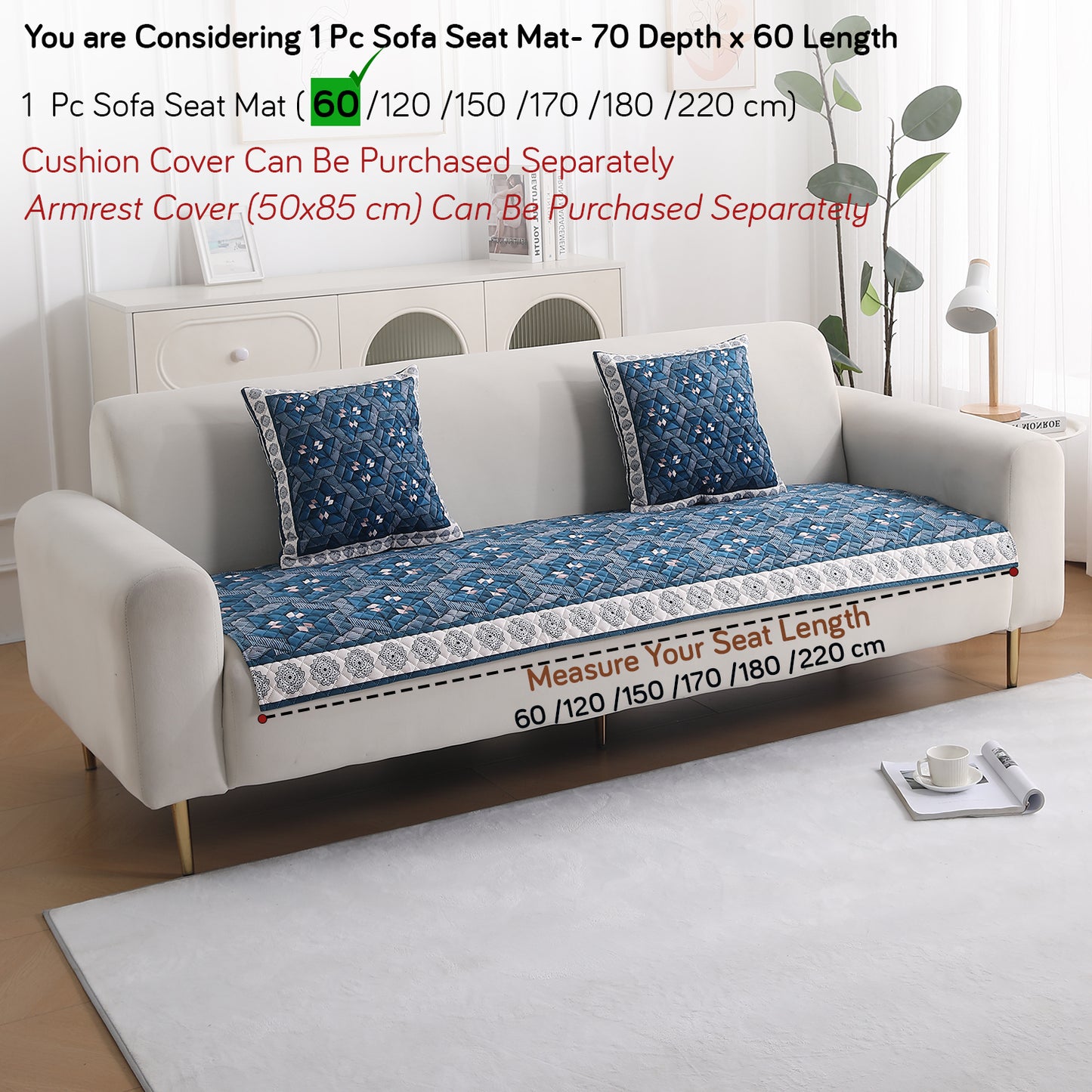 LiefNest Holland Velvet Sofa Cover Mat with Foam Filling - Geometric Floral Oriental Blue