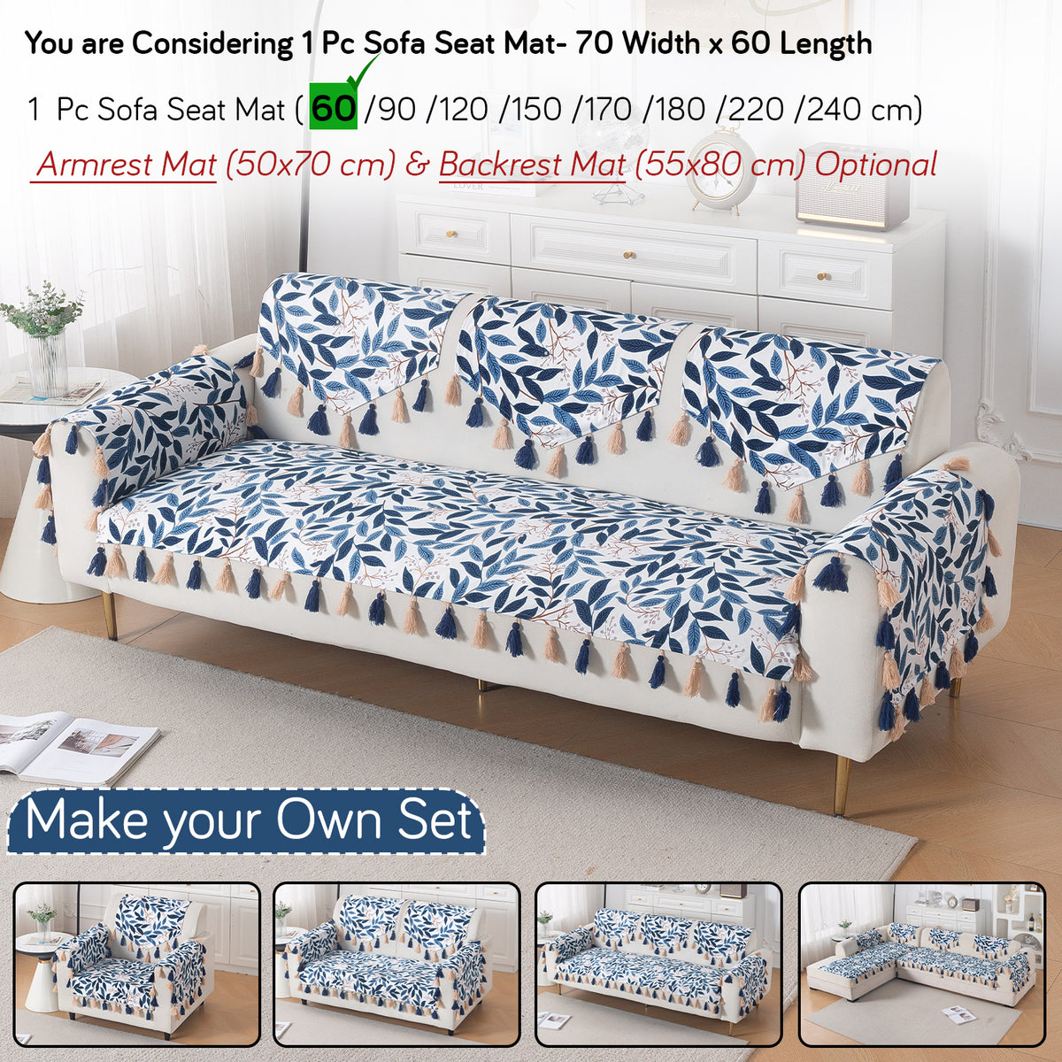 'Whispers of Nature' Series Holland Velvet Sofa Mat with Tassel, Indigo Foliage