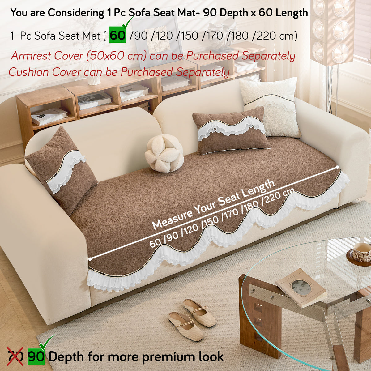 French Classic Frill Wavy Sofa Cover Mat, Mocha Luxe Brown
