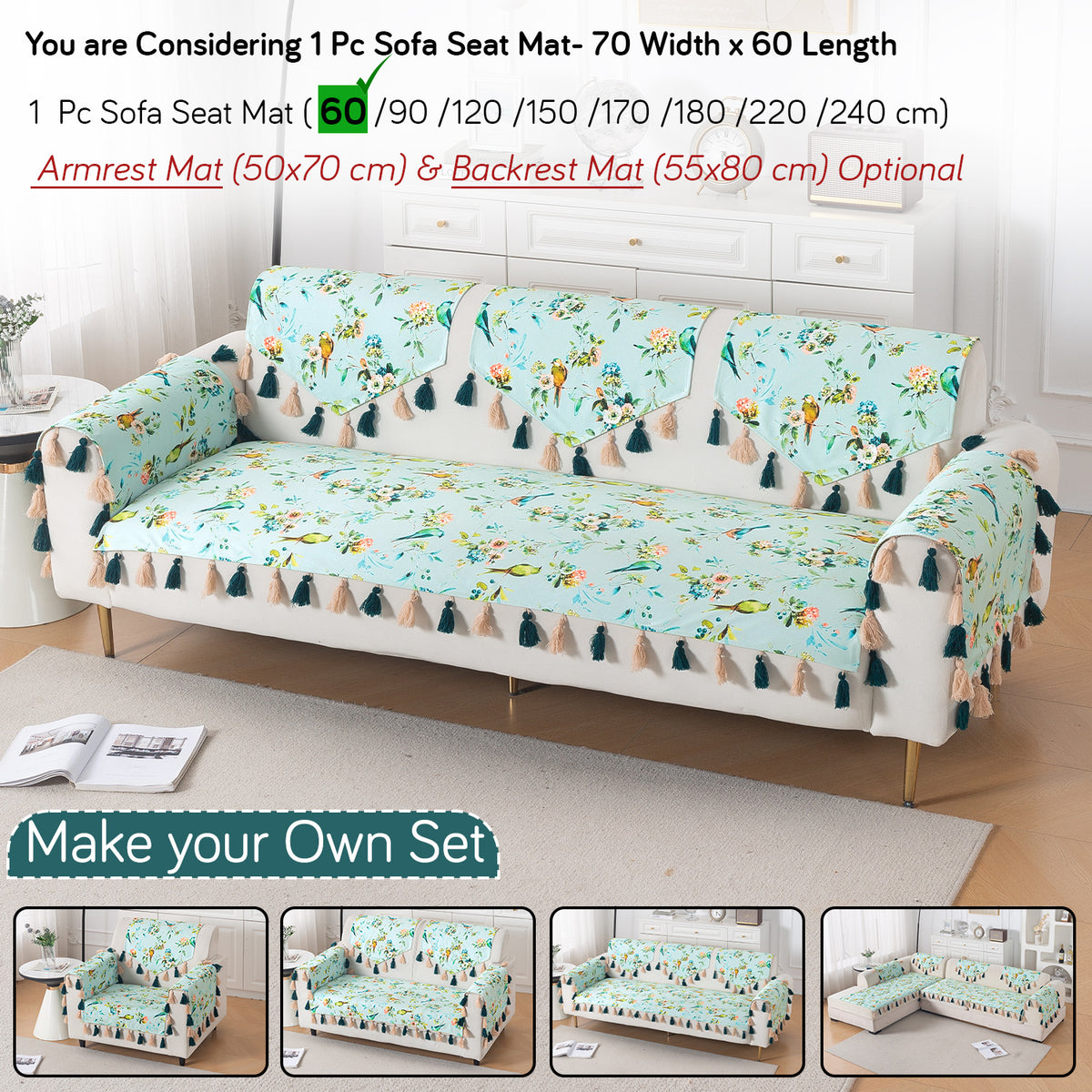'Whispers of Nature' Series Holland Velvet Sofa Mat with Tassel, Mint Birdsong Blossom
